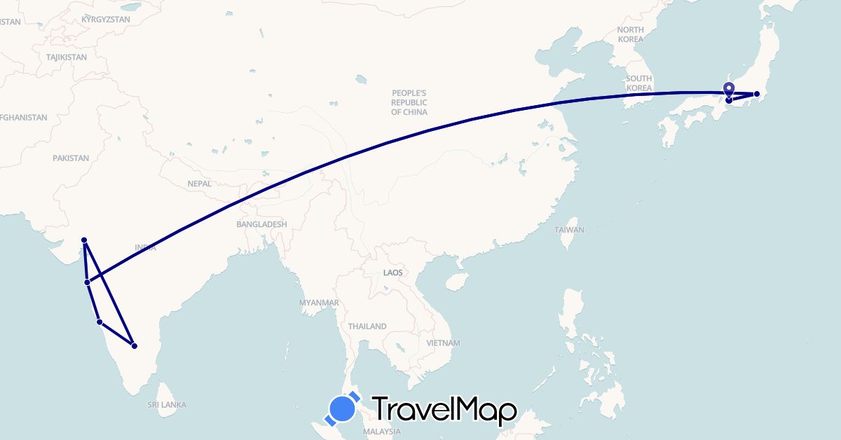 TravelMap itinerary: driving in India, Japan (Asia)